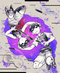 Rule 34 | 2boys, abstract background, black eyes, black footwear, black hair, black thighhighs, black vest, bleeding, blood, blood from mouth, blood on clothes, blood on face, blood splatter, collared shirt, colored skin, commentary request, dual persona, empty eyes, expressionless, full body, glitch, half-closed eyes, hand on another&#039;s head, hand on own stomach, highres, instrument, kneehighs, loafers, male focus, multiple boys, omori, omori (omori), parted lips, pink blood, purple blood, rotational symmetry, shirt, shoes, short hair, shorts, socks, sparkle, stab, stylized blood, sunny (omori), thighhighs, toastytoast, vest, violin, white shirt, white shorts, white skin, white socks