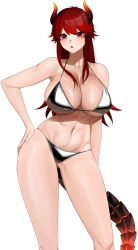 Rule 34 | 1girl, bare shoulders, bikini, breasts, cleavage, dola (nijisanji), fang, hand on own hip, highres, horns, large breasts, long hair, looking at viewer, navel, nijisanji, open mouth, red eyes, red hair, senju (snz0), silver bikini, simple background, solo, swimsuit, tail, virtual youtuber, white background