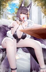 Rule 34 | 1girl, absurdly long hair, absurdres, alternate costume, animal ear fluff, animal ears, azur lane, bare shoulders, black choker, bottle, breasts, choker, cleavage, collarbone, criss-cross halter, halterneck, highres, holding, holding bottle, indoors, jewelry, kitsune, large breasts, long hair, magatama, magatama necklace, musashi (azur lane), necklace, open mouth, purple hair, samip, slit pupils, tongue, tongue out, very long hair, yellow eyes