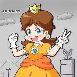 Rule 34 | 1girl, anniversary, blue eyes, brown hair, crown, dress, earrings, flipped hair, flower earrings, gloves, grin, jewelry, looking at viewer, mario (series), nintendo, open mouth, orange dress, palm tree, piranha plant, plant, princess daisy, puffy short sleeves, puffy sleeves, short sleeves, smile, super mario land, tomboy, tree, v, warp pipe