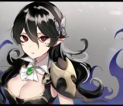 Rule 34 | 1girl, alternate hair color, armor, ascot, black armor, black hair, black hairband, blue cape, breasts, butterfly hair ornament, cape, cleavage, closed mouth, commentary request, corrin (female) (fire emblem), corrin (fire emblem), fire emblem, fire emblem fates, grey background, hair between eyes, hair ornament, hairband, haru (nakajou-28), large breasts, letterboxed, lips, long hair, looking at viewer, nintendo, pink lips, pointy ears, red eyes, shoulder armor, solo, upper body, wavy hair, white ascot