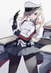 Rule 34 | 1girl, black gloves, black pantyhose, blonde hair, breasts, capelet, cowboy shot, cross, gloves, graf zeppelin (kancolle), grey eyes, hair between eyes, hat, highres, jacket, kantai collection, large breasts, looking at viewer, machinery, military, military hat, military uniform, miniskirt, necktie, pantyhose, peaked cap, picoli1313, sidelocks, simple background, skirt, solo, tsurime, twintails, uniform, white background