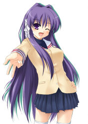 Rule 34 | 00s, 1girl, ;d, blazer, blush, buttons, clannad, collar, fujibayashi kyou, hair intakes, hair ribbon, jacket, long hair, long sleeves, looking at viewer, one eye closed, open mouth, outstretched arms, pleated skirt, purple eyes, purple hair, reaching, reaching towards viewer, ribbon, ryuushou, school uniform, serafuku, skirt, smile, solo, thighhighs, very long hair, white ribbon, white thighhighs, wink