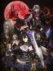Rule 34 | alfred (bloodstained), anne knolles, bat (animal), black hair, bloodstained: ritual of the night, breasts, candle, castle, cleavage, dominique baldwin, everyone, fangs, flower, flower tattoo, gebel (bloodstained), glasses, hair over one eye, highres, ikeda mana, johannes (bloodstained), looking at viewer, miriam (bloodstained), monster, moon, night, official art, red moon, smile, sword, tattoo, tongue, weapon, zangetsu (bloodstained)