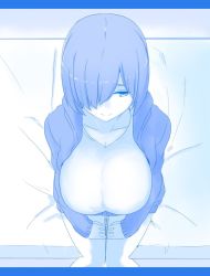 Rule 34 | 1girl, arm at side, arms at sides, bed, blue theme, breasts, full body, hands on lap, jacket, knees together feet apart, large breasts, legs together, long sleeves, looking to the side, medium hair, monochrome, nao (ritsancrossover), on bed, one eye covered, open clothes, open jacket, original, own hands together, shirt, short hair, sitting, smile, solo, solo focus, white shirt
