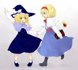 Rule 34 | 2girls, :d, alice margatroid, arm up, black dress, blonde hair, blue dress, book, braid, capelet, doll, dress, female focus, flying, grimoire, hat, kirisame marisa, multiple girls, open mouth, pantyhose, puffy short sleeves, puffy sleeves, sakaki chihiro, shanghai doll, short sleeves, single braid, size difference, smile, standing, touhou, witch hat
