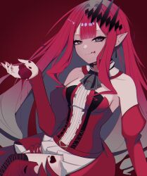 Rule 34 | 1girl, :q, baobhan sith (fate), baobhan sith (first ascension) (fate), bare shoulders, blood, blood on face, blood on hands, boots, breasts, detached sleeves, dress, earrings, fate/grand order, fate (series), frilled dress, frills, grey eyes, hair ornament, hand up, highres, jewelry, long hair, looking at viewer, medium breasts, nail polish, pink hair, pointy ears, red background, red dress, red footwear, red nails, sidelocks, sitting, smile, solo, thigh boots, tongue, tongue out, zakiz4kisos0