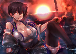 Rule 34 | 10s, 1girl, arrow (projectile), blush, bow (weapon), breasts, brown eyes, brown hair, cleavage, highres, historical name connection, japanese clothes, kaga (aircraft carrier), kaga (kancolle), kantai collection, large breasts, looking at viewer, name connection, object namesake, personification, rising sun flag, side ponytail, silly (marinkomoe), solo, sunburst, sunrise, thighhighs, water, weapon