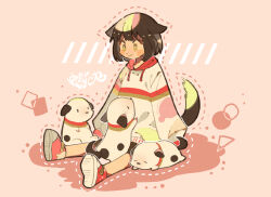Rule 34 | 1girl, :&gt;, animal ears, blush stickers, bright pupils, brown hair, dog, dog ears, dog tail, dotted line, full body, green eyes, hood, hoodie, long sleeves, medium hair, on ground, original, pink background, puppy, red footwear, shoe soles, shoes, sitting, sneakers, solo, tail, tenteko mai51, translation request, white hoodie