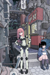 Rule 34 | 2girls, android, black hair, closed eyes, eating, food, green eyes, hands on own hips, highres, long hair, multiple girls, noodles, original, pink hair, scenery, science fiction, short shorts, shorts, sitting, soba, sukabu