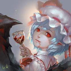 Rule 34 | 1girl, ambiguous red liquid, ascot, bat wings, blood, blood from mouth, blood on face, blue hair, brooch, closed mouth, cup, diamond (shape), drinking glass, eyelashes, fang, fang out, fingernails, frills, from side, gem, glass, hair between eyes, hat, hat ribbon, jewelry, kusi de san gu, light particles, light smile, long fingernails, looking at viewer, mob cap, pointy ears, portrait, red eyes, red ribbon, remilia scarlet, ribbon, ribbon trim, short hair, signature, solo, symbol-shaped pupils, torn clothes, torn ribbon, touhou, transparent, vampire, water drop, wine glass, wings