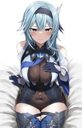 Rule 34 | 1girl, 3:, absurdres, arm support, blue gloves, blue hair, blue thighhighs, bodystocking, breasts, cameltoe, cleavage, closed mouth, clothing cutout, covered navel, eula (genshin impact), gauntlets, genshin impact, gloves, hair ornament, hairband, hand on own chest, highres, large breasts, long hair, looking at viewer, purple eyes, shengtian, shirt, shoulder cutout, sitting, solo, thighhighs, thighs, white shirt