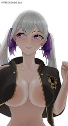 Rule 34 | 1girl, against glass, areola slip, black clover, bow, breast press, breasts, breasts on glass, female focus, gibb san, hair bow, highres, large breasts, long hair, nipple slip, nipples, no bra, no shirt, noelle silva, purple eyes, silver hair, simple background, solo, twintails, watermark, white background