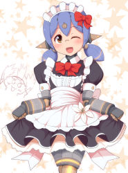 Rule 34 | 1boy, 1girl, :d, alternate costume, android, blush, bow, curtsey, enmaided, flat chest, hair bow, highres, joints, maid, maid headdress, nintendo, nopon, one eye closed, open mouth, orange eyes, ponponmaru, poppi (xenoblade), poppi alpha (xenoblade), purple hair, robot ears, robot joints, short hair, smile, solo focus, tora (xenoblade 2), twintails, xenoblade chronicles (series), xenoblade chronicles 2, xenoblade chronicles (series), xenoblade chronicles 2