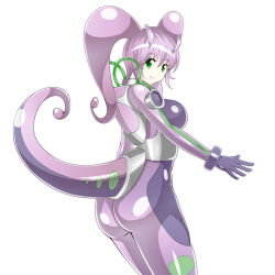 Rule 34 | 1girl, absurdres, ass, bodysuit, breasts, cowboy shot, creatures (company), game freak, gen 6 pokemon, goodra, green eyes, highres, large breasts, light purple hair, long hair, looking at viewer, looking back, nintendo, open mouth, personification, pokemon, pokemon xy, shoukin500, skin tight, smile, solo, twintails