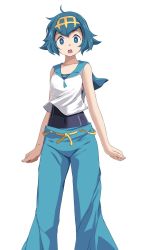 Rule 34 | 1girl, blouse, blue eyes, blue hair, blue pants, collarbone, commentary request, covered navel, creatures (company), game freak, highres, lana (pokemon), looking at viewer, nintendo, open mouth, pants, pokemon, pokemon sm, shirt, short hair, simple background, sleeveless, sleeveless shirt, solo, standing, swimsuit, swimsuit under clothes, tsukishiro saika, white background, white shirt