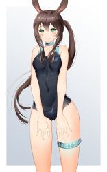 Rule 34 | 1girl, absurdres, amiya (arknights), animal ears, arknights, bad id, bad pixiv id, bare legs, blue background, blue one-piece swimsuit, bluerabbit gap, blush, breasts, brown hair, cleavage, closed mouth, commentary, covered erect nipples, covered navel, cowboy shot, gluteal fold, gradient background, hair between eyes, highres, jewelry, long hair, looking at viewer, medium breasts, neck ring, one-piece swimsuit, ponytail, rabbit ears, simple background, smile, solo, swimsuit, thighlet, thighs, wet, white background