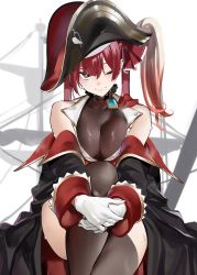 Rule 34 | 1girl, ;&gt;, absurdres, ascot, bare shoulders, black coat, black hat, black thighhighs, breasts, bright pupils, brooch, cleavage, coat, collarbone, eyebrows hidden by hair, feet out of frame, gold trim, hat, highres, holding leg, hololive, houshou marine, jewelry, jikatarou, knee up, large breasts, light blush, long hair, looking at viewer, off shoulder, pirate hat, pirate ship, red ascot, see-through, see-through cleavage, sitting, solo, thighhighs, twintails, virtual youtuber, white background, white pupils, yellow eyes