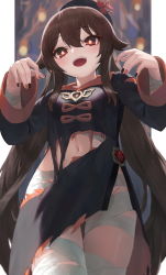 Rule 34 | 1girl, :d, bandaged leg, bandages, black dress, black hat, black nails, breasts, brown hair, dress, ebiri fy, flower-shaped pupils, from below, genshin impact, halloween, hat, highres, hu tao (genshin impact), long hair, long sleeves, looking at viewer, looking down, medium breasts, nail polish, navel, open mouth, orange nails, outstretched arms, red eyes, smile, solo, symbol-shaped pupils, teeth, thigh gap, torn clothes, torn dress, twintails, upper teeth only, very long hair, zombie pose