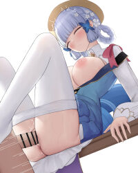 1boy 1girl absurdres ayaka_(genshin_impact) blue_dress blue_hair blunt_bangs blush braid braided_hair_rings breasts breasts_out butterfly_hair_ornament censored closed_eyes clothed_female_nude_male clothed_sex crown_braid dress flower genshin_impact hair_flower hair_ornament hair_rings hat hat_leaf hetero highres kamisato_ayaka kamisato_ayaka_(springbloom_missive) large_breasts light_blue_hair long_hair long_sleeves lying multicolored_clothes multicolored_dress n9at nipples nude official_alternate_costume official_alternate_hairstyle on_back pantyhose penis pussy sex sidelocks twin_braids vaginal