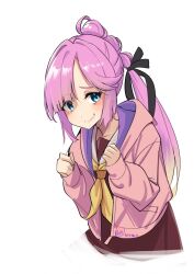 Rule 34 | 1girl, anyoji hime, black ribbon, blonde hair, blue eyes, blunt bangs, brown dress, clenched hands, clenched teeth, commentary request, dated, dress, eyes visible through hair, gradient hair, hair over one eye, hair ribbon, hands up, hasu no sora school uniform, high ponytail, highres, jacket, link! like! love live!, long sleeves, looking at viewer, love live!, multi-tied hair, multicolored hair, neckerchief, open clothes, open jacket, pink hair, pink jacket, ribbon, sailor collar, sailor dress, school uniform, simple background, solo, swept bangs, teeth, ushio ochinashi, wavy mouth, white background, white sailor collar, winter uniform, yellow neckerchief