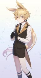 Rule 34 | 1boy, aether (genshin impact), alternate costume, animal ears, ar (rikuesuto), artist name, black bow, black gloves, black necktie, black socks, blonde hair, blush, bow, brown shorts, brown vest, buttons, closed mouth, collared shirt, commentary request, dress shirt, earrings, feet out of frame, floating hair, genshin impact, gloves, gradient background, grey background, hair between eyes, hair bow, half gloves, jewelry, kneehighs, lapels, long hair, long sleeves, looking at viewer, low ponytail, male focus, necktie, own hands together, ponytail, rabbit boy, rabbit ears, rabbit tail, raised eyebrows, shirt, short shorts, shorts, sidelocks, single earring, socks, solo, standing, steepled fingers, tail, very long hair, vest, white background, white shirt, wing collar, yellow eyes