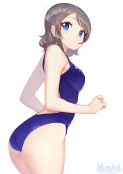 Rule 34 | 1girl, ass, blue eyes, blue one-piece swimsuit, competition swimsuit, cowboy shot, grey hair, looking back, love live!, love live! sunshine!!, marshall (wahooo), one-piece swimsuit, short hair, simple background, smile, solo, swimsuit, watanabe you, white background