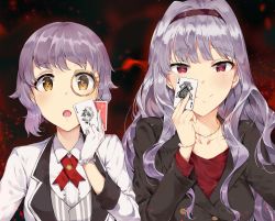 Rule 34 | 2girls, :o, absurdres, black jacket, blush, bracelet, card, closed mouth, collared shirt, copyright request, gloves, hand up, highres, holding, jacket, jewelry, long hair, long sleeves, multiple girls, necklace, open mouth, purple eyes, purple hair, red background, red shirt, shirt, short hair, tuxedo de cat, white gloves, white jacket, wing collar, yellow eyes