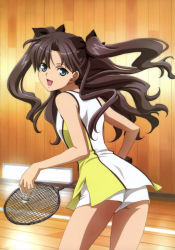 Rule 34 | 1girl, :d, absurdres, ass, badminton, badminton racket, black hair, bow, fate/stay night, fate (series), green eyes, gym uniform, hair bow, highres, kikuchi youko, long hair, looking at viewer, looking back, non-web source, official art, open mouth, racket, short shorts, shorts, shuttlecock, smile, solo, sportswear, tennis uniform, tohsaka rin, twintails, two side up