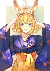 Rule 34 | 1girl, animal ears, blonde hair, blue eyes, eden (eden871225), fish, goldfish, highres, hololive, hololive english, japanese clothes, kimono, looking at viewer, new year, on head, rabbit ears, short hair, simple background, solo, virtual youtuber, watson amelia, watson amelia (new year)