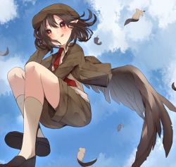 Rule 34 | 1girl, :q, arm behind head, black footwear, black hair, black wings, blouse, blue sky, blush, brown jacket, brown shorts, cabbie hat, cloud, collared shirt, day, feathered wings, feathers, flat cap, floating, forbidden scrollery, hand on headwear, hat, highres, jacket, kneehighs, legs up, looking afar, necktie, one-hour drawing challenge, pointy ears, red eyes, red necktie, shameimaru aya, shameimaru aya (newsboy), shirt, shoes, short hair, shorts, sky, socks, solo, tongue, tongue out, touhou, usamata, white shirt, white socks, wind, wings