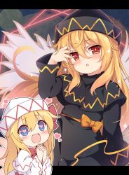 Rule 34 | 2girls, baku-p, black capelet, black dress, black headwear, blonde hair, blue eyes, blush, bow, capelet, commentary request, dress, dual persona, fairy wings, hair between eyes, hat, heart, heart-shaped pupils, highres, lily black, lily white, long hair, long sleeves, looking at viewer, multiple girls, open mouth, orange bow, own hands together, red eyes, smile, symbol-shaped pupils, touhou, white capelet, white dress, white headwear, wings