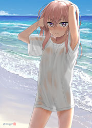 Rule 34 | 1girl, arms up, beach, blouse, blue sky, blush, breasts, closed mouth, cloud, collarbone, cowboy shot, day, female focus, hair between eyes, highres, horizon, inui sajuna, long hair, looking at viewer, mu-pyon, ocean, outdoors, pink eyes, pink hair, purple eyes, see-through, shirt, short sleeves, sky, solo, sono bisque doll wa koi wo suru, swimsuit, twitter username, upper body, water, wet, wet clothes, white shirt