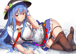 Rule 34 | 1girl, black hat, black pantyhose, blue hair, blue skirt, bowl, bowl hat, breasts, center frills, closed mouth, clothes lift, collarbone, food, frilled skirt, frills, fruit, hand in own hair, hat, hinanawi tenshi, large breasts, leaf, long hair, necktie, neropaso, panties, panty pull, pantyhose, peach, rainbow order, red eyes, red necktie, shirt, short sleeves, sidelocks, simple background, skirt, skirt lift, smile, solo, striped clothes, striped panties, thigh gap, touhou, underwear, vertical-striped clothes, vertical-striped panties, very long hair, white background, white shirt