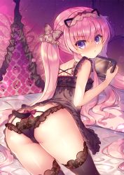 Rule 34 | 1girl, :t, animal ears, ass, babydoll, bed, black legwear, black panties, blush, bow, bow panties, butt crack, cat ears, cat girl, cat tail, closed mouth, commentary request, frills, hair between eyes, handheld game console, highres, holding, kemonomimi mode, lace, lace-trimmed legwear, lace trim, lilia chocolanne, lingerie, long hair, looking at viewer, looking back, nose blush, original, panties, pillow, pink hair, pout, purple eyes, sidelocks, solo, suzunone rena, tail, twintails, underwear, underwear only, very long hair