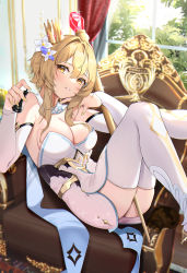 Rule 34 | 1girl, absurdres, between legs, between thighs, blonde hair, blush, breasts, chess piece, cleavage, couch, crown, curtains, day, detached sleeves, dress, feet out of frame, flower, from side, gem, genshin impact, glint, hair between eyes, hair flower, hair intakes, hair ornament, highres, holding, holding chess piece, holding scepter, indoors, leaning back, lily (flower), long sleeves, looking at viewer, lumine (genshin impact), medium breasts, mini crown, nail polish, on chair, on couch, parted lips, queen (chess), reclining, red gemstone, scarf, scepter, short hair with long locks, sitting, sleeveless, sleeveless dress, smile, solo, staff, sunlight, thighhighs, white dress, white flower, white scarf, white sleeves, white thighhighs, window, yellow eyes, yellow nails, yoshitoki (kisshin)