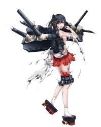 Rule 34 | 1girl, arm behind back, black hair, blush, breasts, broken, broken weapon, burnt clothes, cannon, damaged, detached sleeves, from side, full body, hair ornament, hand up, hull shoes, kantai collection, kanzashi, legs, looking at viewer, looking back, medium breasts, miniskirt, open mouth, red eyes, rigging, rikka (rikka331), sandals, short hair, sideboob, skirt, solo, soot, standing, tabi, thigh strap, torn clothes, transparent background, turret, walking, weapon, wide sleeves, yamashiro (kancolle)