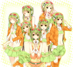 Rule 34 | 6+girls, amulet, boots, breasts, clone, closed eyes, commentary, crop top, expressions, finger to mouth, goggles, goggles on head, green eyes, green hair, green shorts, green skirt, gumi, gumi (v3 megpoid), headphones, headset, highres, jacket, jewelry, knee boots, lips, looking at viewer, medium breasts, midriff, multiple girls, navel, neckerchief, orange footwear, orange jacket, orange shirt, own hands clasped, own hands together, red-tinted eyewear, ring, shiki hinako, shirt, short hair with long locks, shorts, skirt, small breasts, smile, suspender shorts, suspender skirt, suspenders, tinted eyewear, tongue, tongue out, underboob, vocaloid, w, wrist cuffs