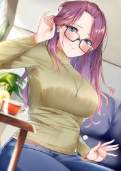 Rule 34 | 1girl, bangs pinned back, black-framed eyewear, blue eyes, blue pants, blush, breasts, brown sweater, come hither, cup, curtains, glasses, highres, indoors, jewelry, kagamihara sakura, lap pillow invitation, large breasts, len (hand linke), long hair, long sleeves, looking at viewer, mimikaki, necklace, pants, purple hair, ribbed sweater, sitting, smile, solo, sweater, taut sweater, tea, tucking hair, window, yurucamp