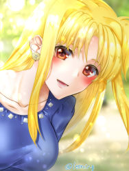 Rule 34 | 1girl, blonde hair, blue shirt, blurry, blurry background, blush, commentary request, day, depth of field, earrings, fate testarossa, highres, jewelry, leaning forward, leonis g, long hair, looking at viewer, lyrical nanoha, open mouth, outdoors, red eyes, shirt, smile, solo, sunlight, twitter username
