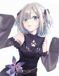 Rule 34 | 1girl, aqua eyes, asymmetrical bangs, bare shoulders, black dress, bow, breasts, closed mouth, detached sleeves, dress, earrings, grey hair, hair bow, highres, jewelry, kaga sumire, looking at viewer, lupinus virtual games, short hair, sidelocks, sleeveless, sleeveless dress, sleeves past fingers, sleeves past wrists, small breasts, solo, tongue, tongue out, upper body, virtual youtuber, vspo!, zakki3939