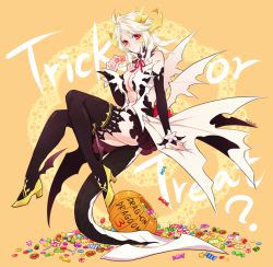 Rule 34 | 1girl, blush, bonbon, breasts, candy, cleavage, drag-on dragoon, drag-on dragoon 3, dragon horns, dragon tail, dragon wings, food, gender request, genderswap, halloween, high heels, horns, mikhail (drag-on dragoon), monster girl, personification, pumpkin, red eyes, shinzui (fantasysky7), short hair, solo, tail, thighhighs, trick or treat, white hair, wings