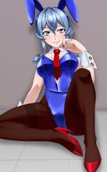 Rule 34 | 1girl, akito (sub707), animal ears, bare shoulders, blue eyes, blue hair, blue leotard, blush, breasts, brown pantyhose, detached collar, fake animal ears, gotland (kancolle), hair between eyes, hair bun, high heels, highres, indoors, kantai collection, large breasts, leotard, long hair, looking at viewer, mole, mole under eye, necktie, pantyhose, playboy bunny, rabbit ears, red footwear, red necktie, single hair bun, sitting, smile, solo, strapless, strapless leotard, thighband pantyhose