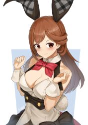 Rule 34 | 1girl, alice gear aegis, animal ears, aomoro, blush, bow, breasts, brown eyes, brown hair, cleavage, closed mouth, collar, detached collar, highres, large breasts, leotard, long hair, looking at viewer, playboy bunny, rabbit ears, rabbit tail, red bow, smile, solo, strapless, strapless leotard, tail, usamoto anna, vorpal bunny, white collar, white leotard, wrist cuffs