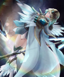 Rule 34 | 1girl, absurdres, armor, armored dress, bad id, bad pixiv id, blonde hair, blue dress, blue eyes, blue hair, blush, cape, clear glass (mildmild1311), commentary request, dress, feather trim, fire emblem, fire emblem heroes, fjorm (fire emblem), glowing, glowing weapon, gradient hair, hand on own chest, highres, holding, holding polearm, holding spear, holding weapon, jewelry, long sleeves, looking at viewer, multicolored hair, night, night sky, nintendo, open mouth, outdoors, polearm, short hair, shoulder armor, signature, sky, smile, solo, spear, thighhighs, tiara, twitter username, two-tone hair, weapon, white cape