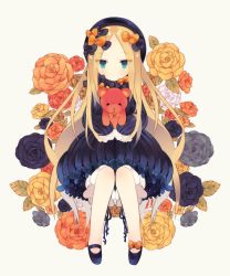 Rule 34 | 1girl, abigail williams (fate), blonde hair, blue eyes, bow, fate/grand order, fate (series), floral background, flower, grey background, hair bow, hat, highres, knees together feet apart, long hair, long sleeves, looking at viewer, mimo lm, multiple hair bows, rose, simple background, sleeves past wrists, solo, stuffed animal, stuffed toy, teddy bear