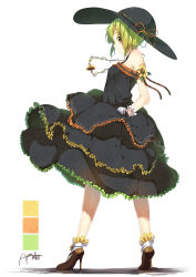 Rule 34 | 1girl, :o, absurdres, artist name, ayataka, bare shoulders, black dress, black hat, blush, brown footwear, dress, flower, frilled dress, frills, from behind, full body, gloves, green hair, hat, high heels, highres, jewelry, layered dress, multicolored ribbon, necklace, original, parted lips, pendant, ribbon, ribbon-trimmed headwear, ribbon trim, shiny skin, shoes, short hair, simple background, sleeveless, sleeveless dress, solo, standing, sun hat, sunflower, white background, white gloves, yellow eyes