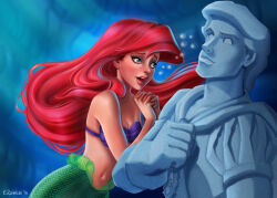 Rule 34 | 1girl, air bubble, ariel (disney), artist name, blue eyes, blush, breasts, bubble, cleavage, elirain, green tail, highres, long hair, medium breasts, mermaid, monster girl, open mouth, own hands clasped, own hands together, red hair, shell, shell bikini, statue, teeth, the little mermaid, underwater, upper teeth only, watermark