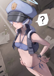 Rule 34 | 1girl, ?, absurdres, bikini, blue archive, blue bikini, blue hair, blue halo, blue hat, breasts, commentary request, halo, hat, highres, imminent rape, karadborg, long hair, navel, peaked cap, police hat, side-tie bikini bottom, small breasts, solo, speech bubble, spoken question mark, standing, swimsuit, twintails, valkyrie police academy student (blue archive)