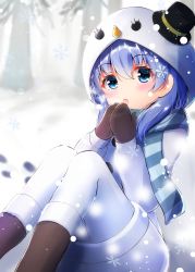 Rule 34 | 1girl, :o, black hat, blue eyes, blue hair, blue scarf, blush, boots, breathing on hands, brown footwear, brown mittens, commentary request, hair between eyes, hair ornament, hat, head tilt, highres, hood, hood up, hooded jacket, jacket, knee boots, long hair, long sleeves, looking at viewer, mini hat, mini top hat, mittens, nijisanji, own hands together, pantyhose, parted lips, puffy long sleeves, puffy sleeves, scarf, sidelocks, sitting, skirt, sleeves past wrists, snowflake hair ornament, snowflakes, snowing, solo, striped clothes, striped scarf, tilted headwear, top hat, tree, virtual youtuber, white jacket, white pantyhose, white skirt, ymd (holudoun), yuuki chihiro, yuuki chihiro (6th costume)